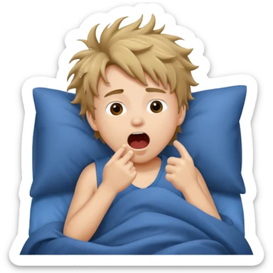 emoji- of a cute boy waking up in bed. He is yawning or rubbing his eyes.  sticker