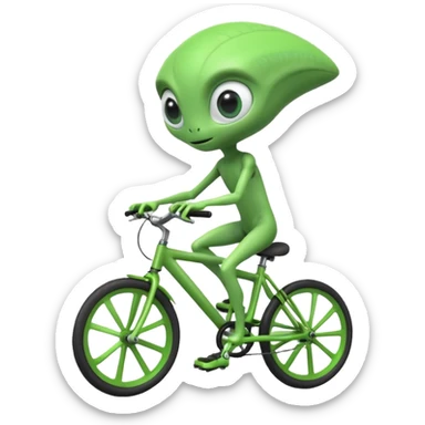 alien riding a bicycle, cute extraterrestrial character, casual cycling pose, big curious eyes, futuristic yet playful vibe, 3D cartoon, mobile game icon style, clean background, no text, no watermark
 sticker