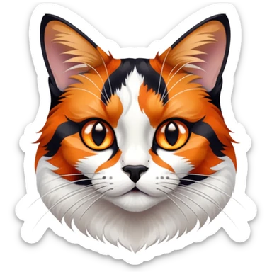 cinematic-noble-calico-cat-portrait-emoji,-poised-and-regal,-with-a-striking-patchwork-fur-in-vibrant-orange,-black,-and-white-hues,-delicate-whiskers-and-a-refined,-focused-gaze,-simplified-yet-exquisitely-detailed,-glowing sticker