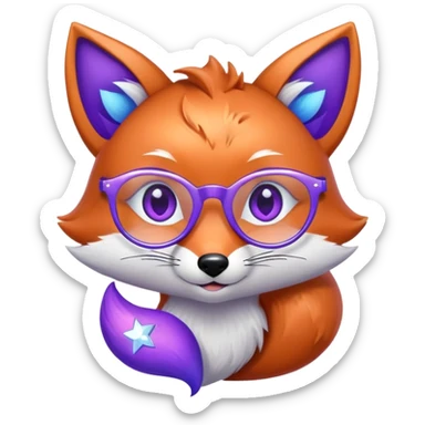 A whimsical fox with sparkling purple-blue fur, a glowing tail, a silver star on its forehead, and round glasses, with heart-shaped eyes, looking in love. 🦊😍 sticker