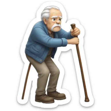 Old man leaning on a walking cane and holding his crancky back with his hand, grumpy face, detailed sticker
