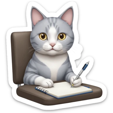 grau weiße Katze sitzt auf einem Sessel mit Stift und Block in der Hand sticker