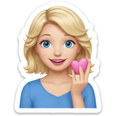 Girl Blonde short wavy hair,  blue eyes, cute blue top, long lashes, pink lips, smiling, hand covering the mouth sticker