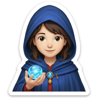 A teen brunette mage with tousled hair, holding a tiny glowing orb and smiling confidently. sticker