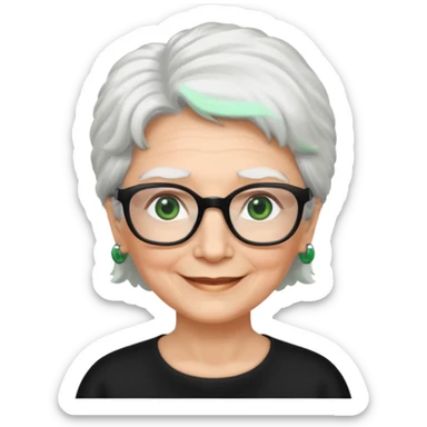 White hair grandma, green eyes, hair to shoulder, lokeg black glasses, rectangles face, smile , sticker