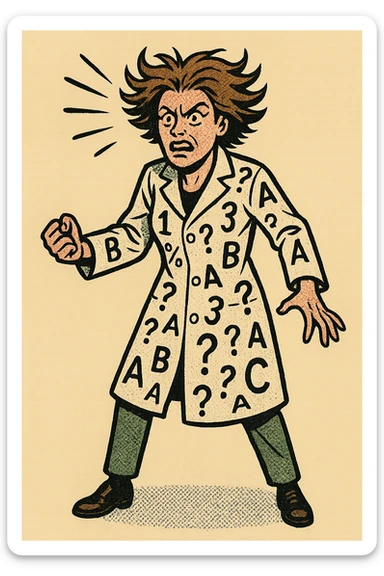The full body of A mad female scientist with numbers, question marks and letters printed all over their white coat sticker