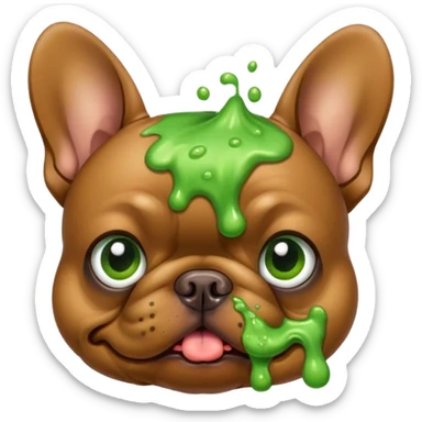 Brown Frenchie dog with green vomit sticker