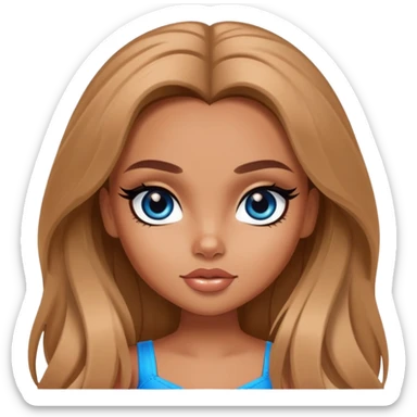 pretty bratz girl, tan skin, light brown long hair, blue eyes, black eyeliner sticker