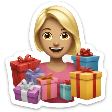 happy blonde woman with a lot of gifts sticker