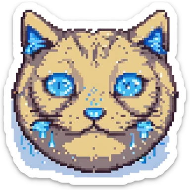 Make the sad cat emoji crying with blue pixel tears, in the pixel art style, no background. sticker