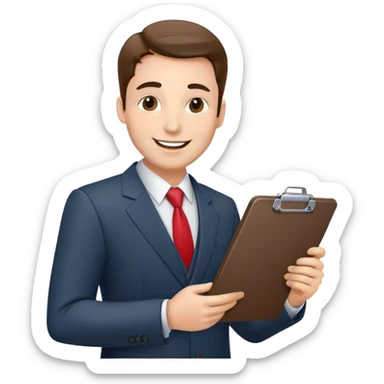 car salesman with a clipboard, cheerful expression, suit sticker