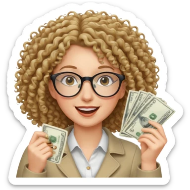 curly haired white woman with glasses joyfully throwing cash sticker