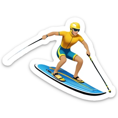 humanless icon showing water skis on the surface of the water, with the skis cutting through the waves, and a distant boat in the background creating a wake. The design highlights the smooth, dynamic motion of water skiing. Transparent background emphasizes the thrill of the sport sticker