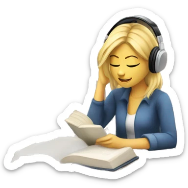 Blonde woman with headphones Studying in library looking at book  sticker