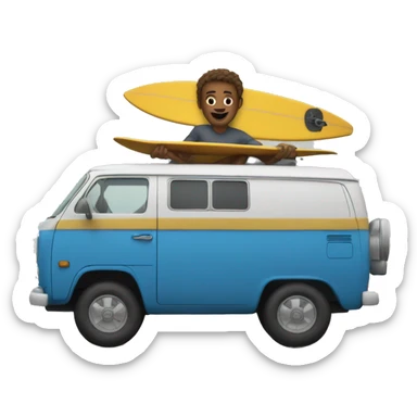 Guy surfing with old van behind him  sticker