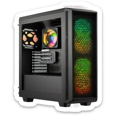 Black gaming PC RGB mid-tower case with glass side panel sticker