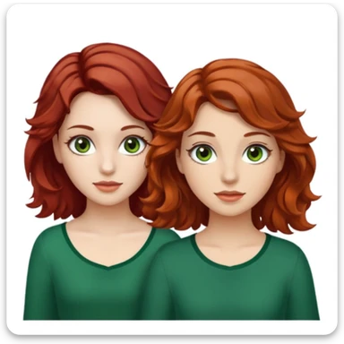 Two girls : one with red hair medium and wavy, brown eyes with long eyelashes and white skin. The other with wavy brown hair medium, green eyes with long eyelashes and tan  sticker