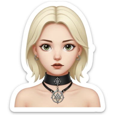 Leather choker with sigil around woman’s neck, pulse visible, dominance tone sticker