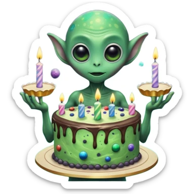 A giant alien holding a birthday cake that is actually a miniature galaxy, tiny planets orbiting the candles, cosmic dust swirling, epic scale contrast, ultra detailed space fantasy art

 sticker