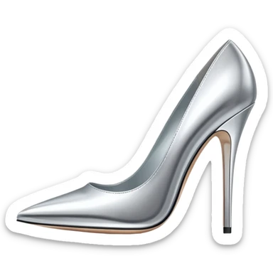 A pair of high heel shoes emoji made of polished silver chrome, elegant sharp silhouette, smooth metallic surface, glossy reflections, luxury sexy vibe, minimalistic iOS emoji style, centered, clean white background sticker