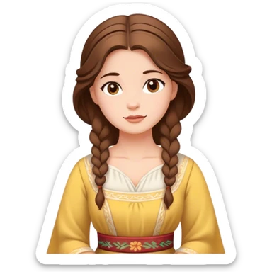 Cinematic Serene Belle Portrait Emoji, rendered in a simplified vector style. Depict a gentle Belle (chest and above) with fair, glowing skin, softly cascading brown hair, and a calm, inviting expression, dressed in her traditional village dress. The image exudes a soft, luminous glow and is outlined with a subtle, warm light. sticker