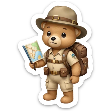 A cute, cartoon-style teddy bear, dressed as an explorer, carries a well-equipped backpack and holds a map in his hand. Explorer bear sticker