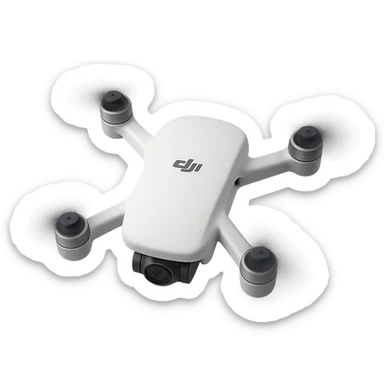 Redesign the cricket ball to be white and transform it to look like a realistic DJI drone with DJI-style propellors and body, depicted spinning. Remove the background completely, isolating the drone design. sticker