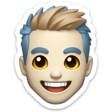 Skull laughing out loud logo illustrated , chibi anime style, head and shoulders only, red cheeks, light brown eyes, short gray hair, cyberpunk jacket with blue colors, flashing background. sticker