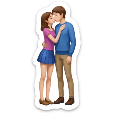 A naked girl with brown hair and bare small breasts openly kisses a tall guy with brown hair full-length on the lips. she is with naked boobs She is wearing a very short skirt and is in full height. sticker