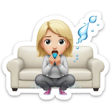 round-faced blond woman kneeling, shocked expression, playful cartoon stick with D-shaped knob and exaggerated features coming from trousers in front of her face, water jet into her mouth, white couch behind sticker