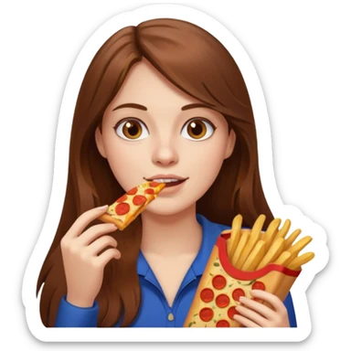 lean female with long hair holding fries and eating pizza sticker