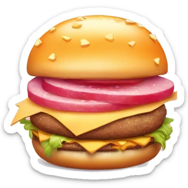 A cheese burger food item with a face. It’s wearing a pink wig, has gorgeous diva eyes with eye makeup and has plump full pink lips. It also sparkles  sticker