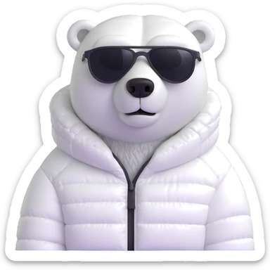 polar bear wearing a white puffer jacket and sunglasses sticker