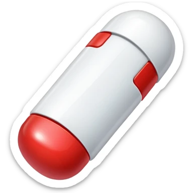 a red and white pill sticker