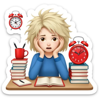 A student girl is sitting in a panic and chaos. On the table, there are a bunch of books, notebooks, and a phone with a red alarm clock on the screen. sticker