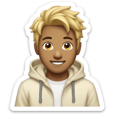 A young Asian man, blond messy hair that's shaved on the left hair, honey-brown eyes, cream-colored hoodie, smiling. sticker