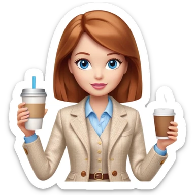A Barbie girl with blue eyes, shoulder-length reddish-brown hair, made-up, wearing a white tweed jacket and a beige skirt, with a glass of coffee in her hands sticker