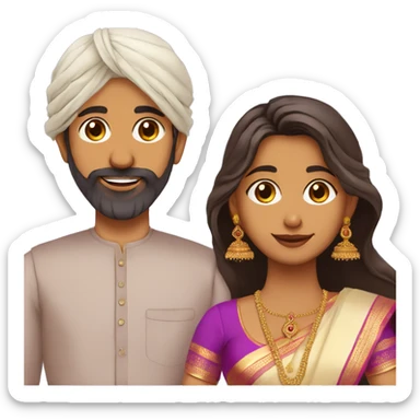 south indian girl with straight hair wearing lavender saree marrying south indian guy with curly hair and beard wearing dhoti sticker