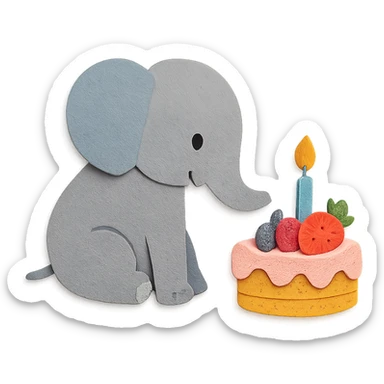 elephant beside one colorful candle-lit fruit cake, paper-craft style sticker