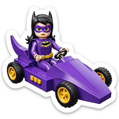 Hot full size real-appearance racing action BatGirl’s Lego feminine midnight-purple tight outfit sixty’s tv show 1992 stealthy retro sporty safe plush petite off-road pursuit hovering hover cruiser car rose gold accents (black hair,reclined and relaxed seating position) go kart  sticker