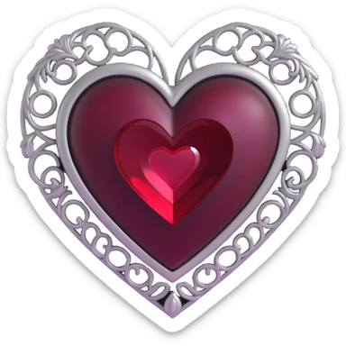 3D emoji gothic heart, black velvet texture, ornate silver filigree, deep red gemstone center, smoky aura sticker