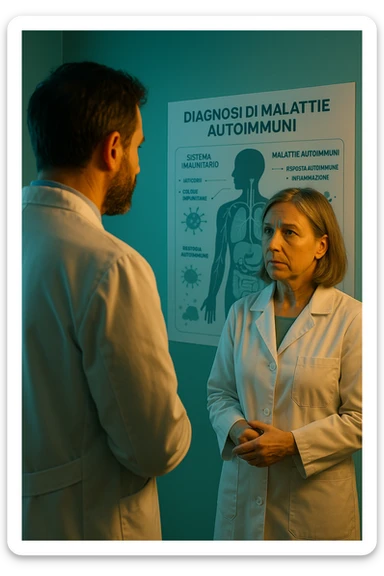 Foto tutta in italiano Realistic, detailed photo taken from behind of one doctor e un paziente —a bearded man and a middle-aged woman—standing and facing each other as they discuss an autoimmune disease diagnosis in front of a medical chart that displays information about the immune system and autoimmune conditions. The scene is illuminated by a yellowish, orange, warm light that softly envelops the doctors. The entire room is bathed in a single green-blue color, creating a cohesive and modern atmosphere. Both doctors wear white coats, and their body language suggests a serious, professional conversation about the complexities of autoimmune diseases. Shot with a Canon EOS R5, with high detail and natural depth of field. scritto in italiano sticker