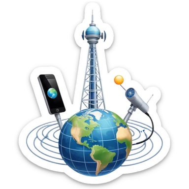 An icon featuring a communication tower with signal waves, satellites in orbit, and fiber optic cables. The design includes a smartphone and an earth with connection lines, symbolizing global communication networks. Transparent background  sticker