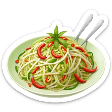 Cinematic Realistic Som Tam (Papaya Salad) Dish Emoji, featuring a spicy, tangy salad of shredded green papaya with chili and lime rendered with crisp textures and bright, lively lighting. sticker