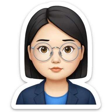 chubby asian waman wear thin siver circle glasses round eyebrow medium black hair wear black suit blue shirt  sticker