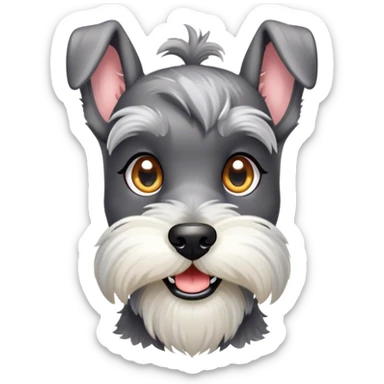 Cinematic Cute Miniature Schnauzer Portrait Emoji, Head cheerfully cocked with expressive, twinkling eyes and a neatly trimmed, adorable salt-and-pepper fur, simplified yet endearingly detailed, glowing with a bright, friendly radiance, high shine, exuding smart and spunky charm, styled with a delicate, whimsical outline, capturing the essence of a cute Miniature Schnauzer that appears ready to scamper off the screen with delightful energy! sticker
