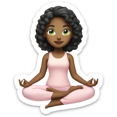 girl with black hair and light green eyes doing yoga in her light pink set sticker