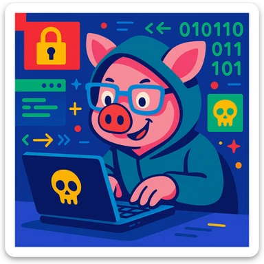 a pig as a hacker, wearing glasses, typing on a laptop, digital style, vibrant toon, colorful, detailed sticker