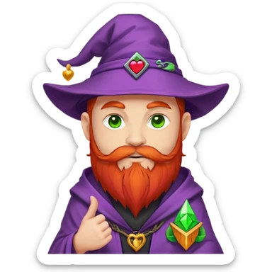 Cartoon DevOps wizard with red beard, no glasses, "I ❤️ YAML" shirt, purple hat, casting green magic. Grafana logo tattoos around eyes. GitOps patch on sleeve. Sticker style with clean outline, transparent background. sticker