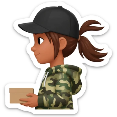 A tan skin girl with short hair tied back in a pony tail wearing a black aseball hat and a camo hoodie holding a box sticker
